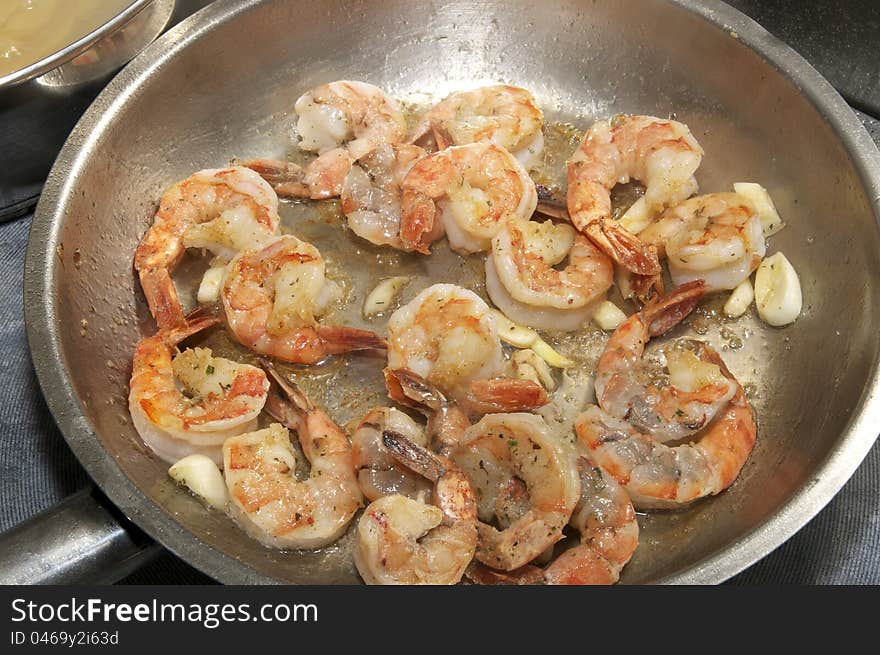 Pan fried with shrimp on an electric stove