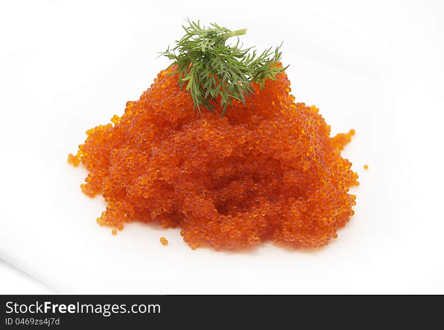 Plate with flying fish roe on a white background. Plate with flying fish roe on a white background