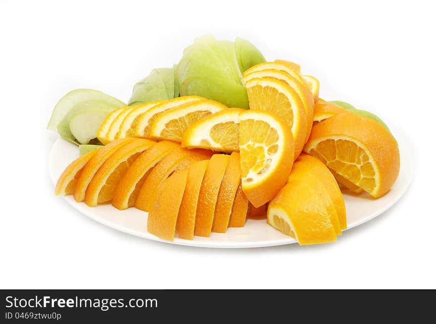 A plate of sliced oranges