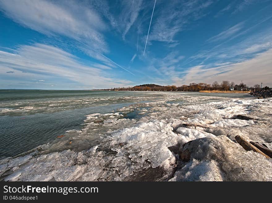 Frozen, iced lake of Balaton in winter