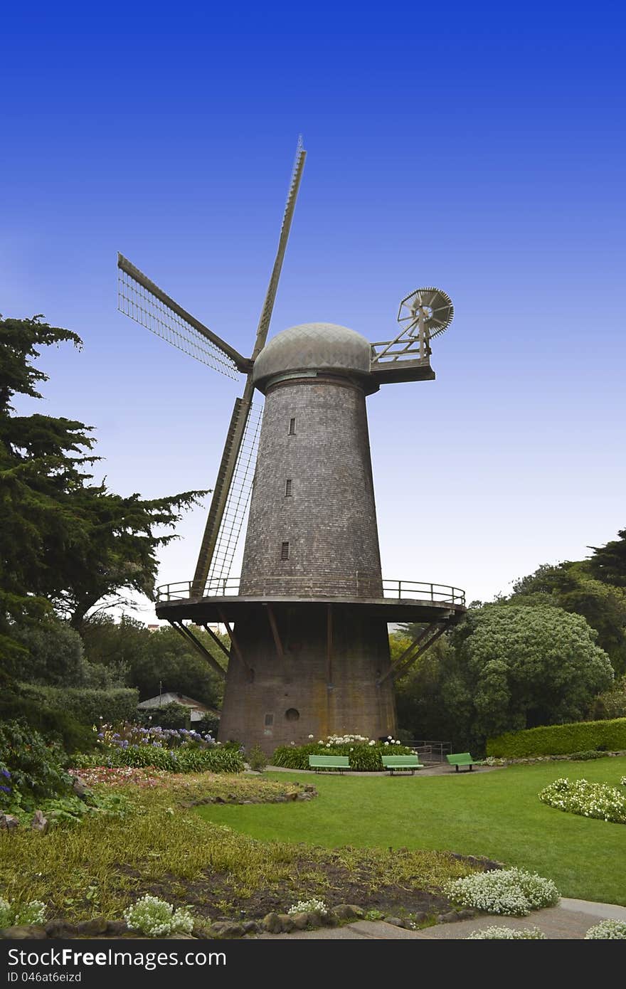 Restored Dutch windmill along with tulip garden in San Francisco's Golden Gate Park. Restored Dutch windmill along with tulip garden in San Francisco's Golden Gate Park