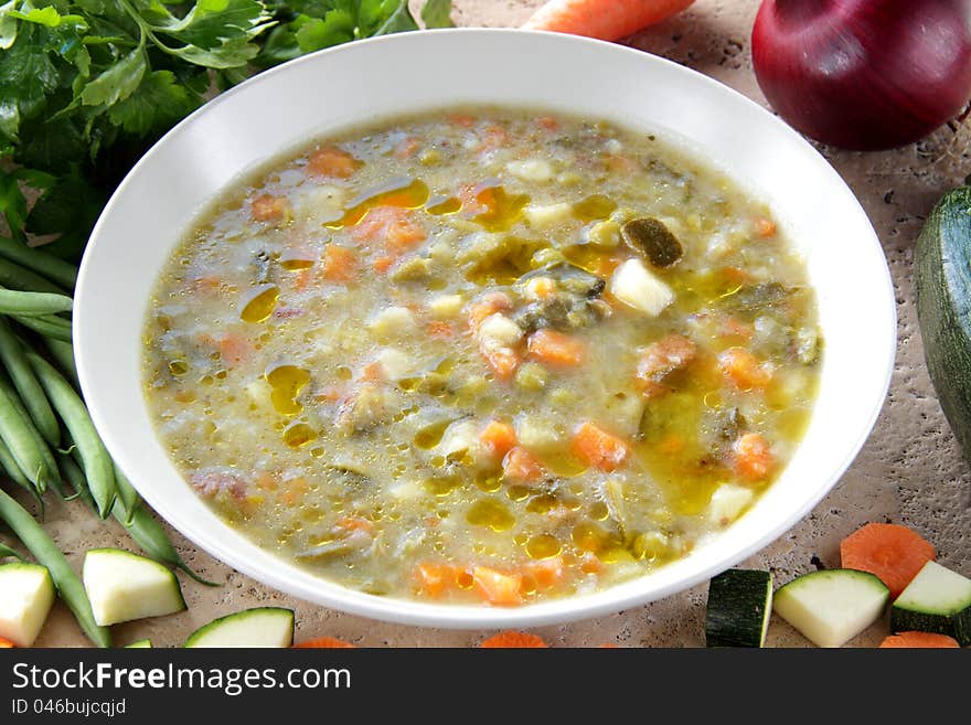 Food composition whit rustic soup. Food composition whit rustic soup