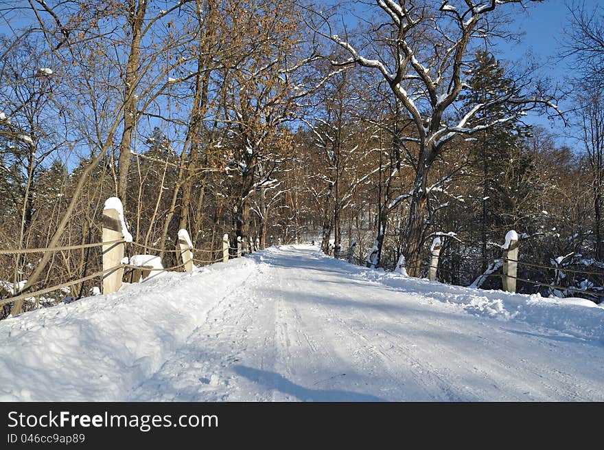 The road through the small bridge that goes into the woods