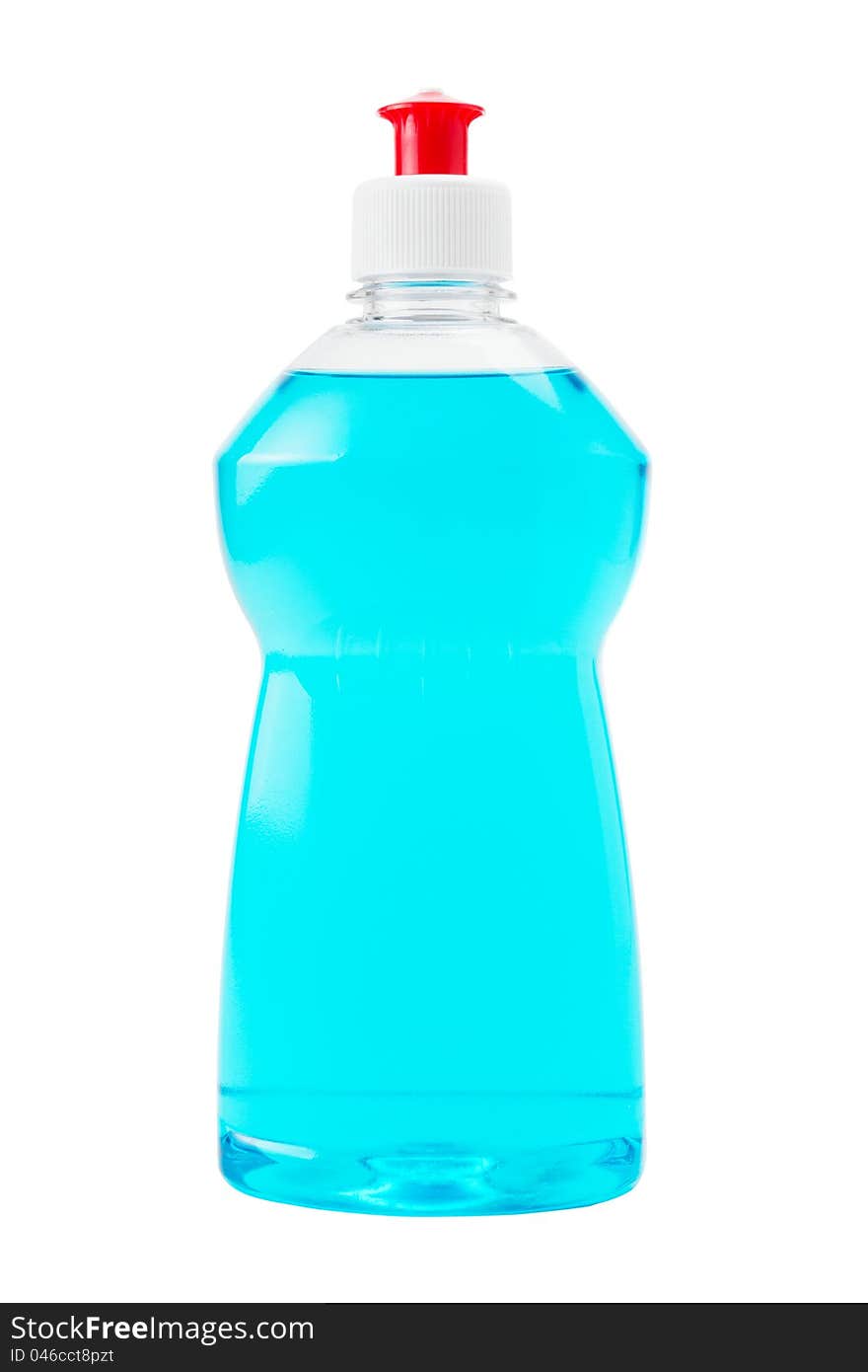 Bottle of blue transparent dish washing liquid isolated on white. Bottle of blue transparent dish washing liquid isolated on white