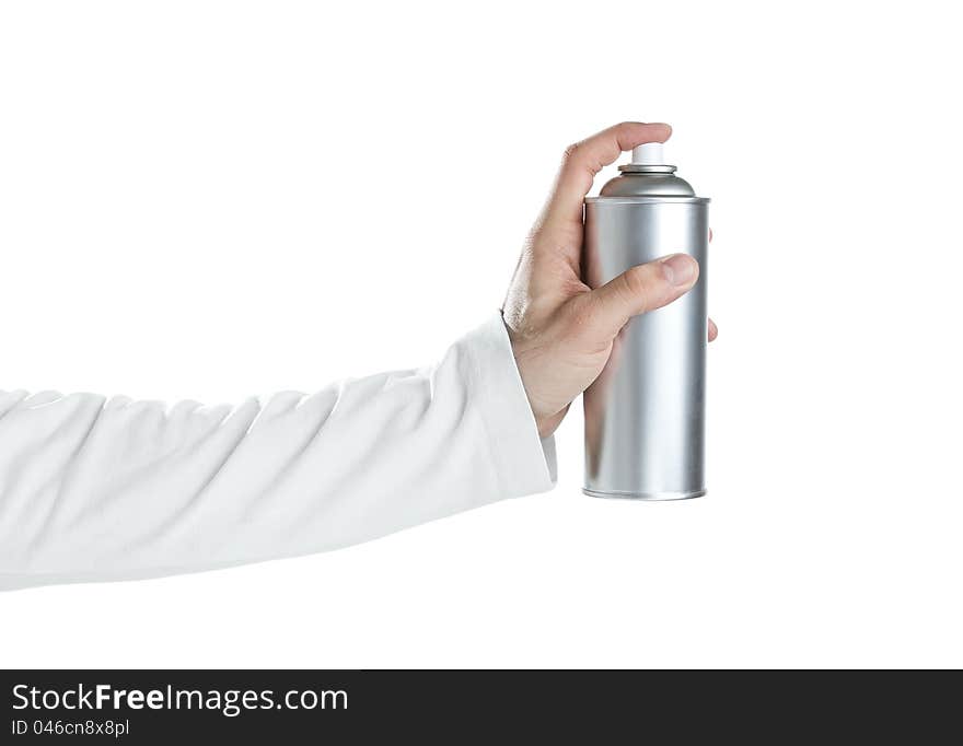 Human hand holding blank spray paint can isolated on white. Human hand holding blank spray paint can isolated on white