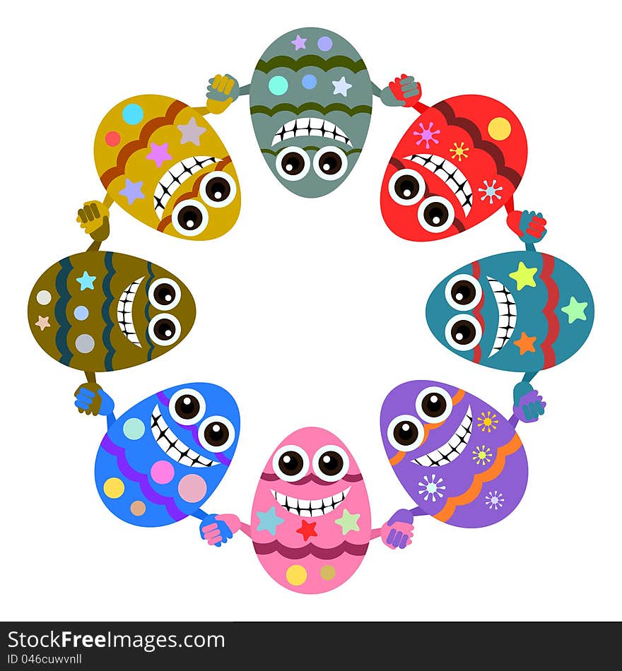 A group of Easter eggs with smiling faces holding hands. A group of Easter eggs with smiling faces holding hands