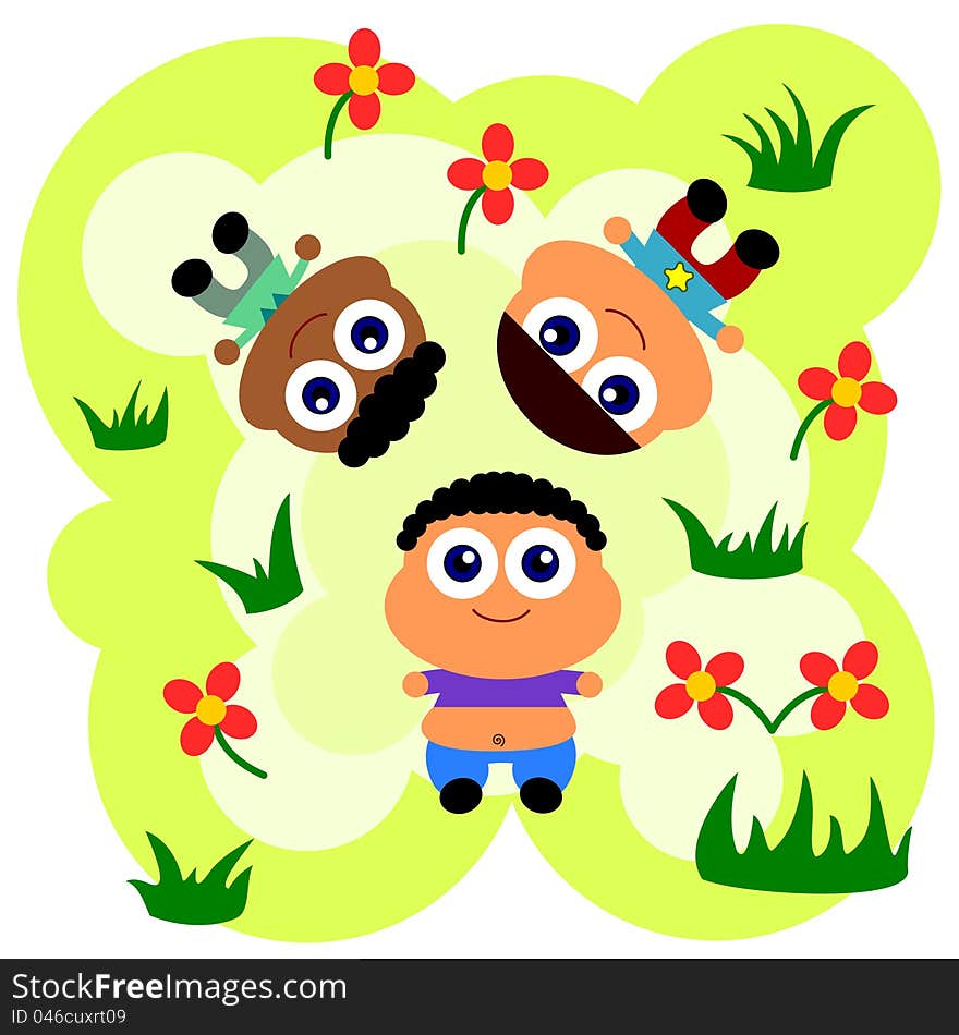 Group of cute cartoon kids lying and relaxed on grass. Group of cute cartoon kids lying and relaxed on grass