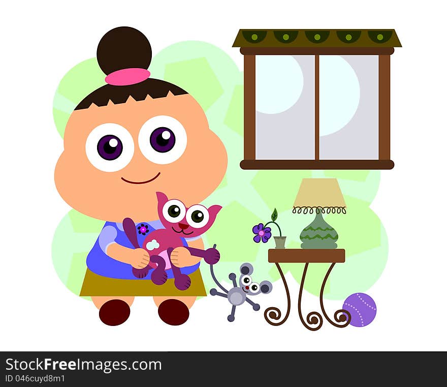 A cute cartoon girl holding her pet cat with a mouse. A cute cartoon girl holding her pet cat with a mouse