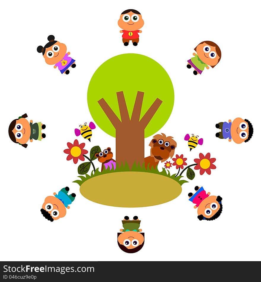 Group of cartoon kids circled around a tree with animals. Group of cartoon kids circled around a tree with animals