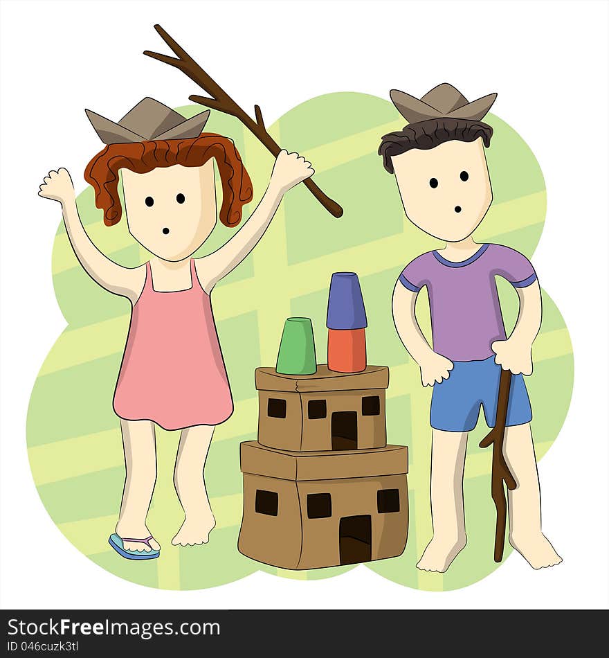 Abstract cartoon illustration of two kids playing with their home made castle. Abstract cartoon illustration of two kids playing with their home made castle