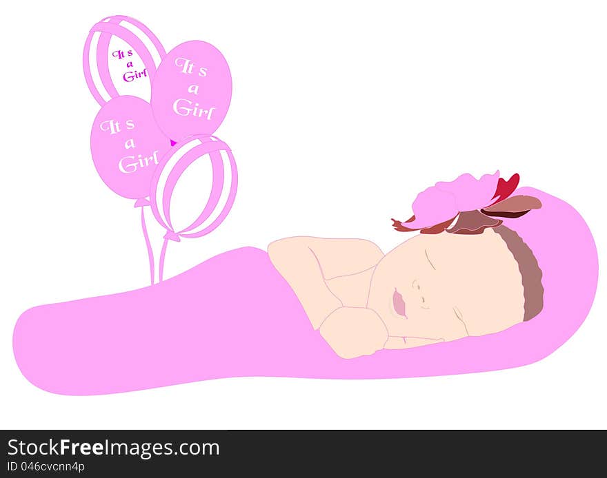 Newborn baby girl wearing a headband, with a flower, in a pink blanket, surrounded by pink and white balloons.. New life, new beginnings. Newborn baby girl wearing a headband, with a flower, in a pink blanket, surrounded by pink and white balloons.. New life, new beginnings..