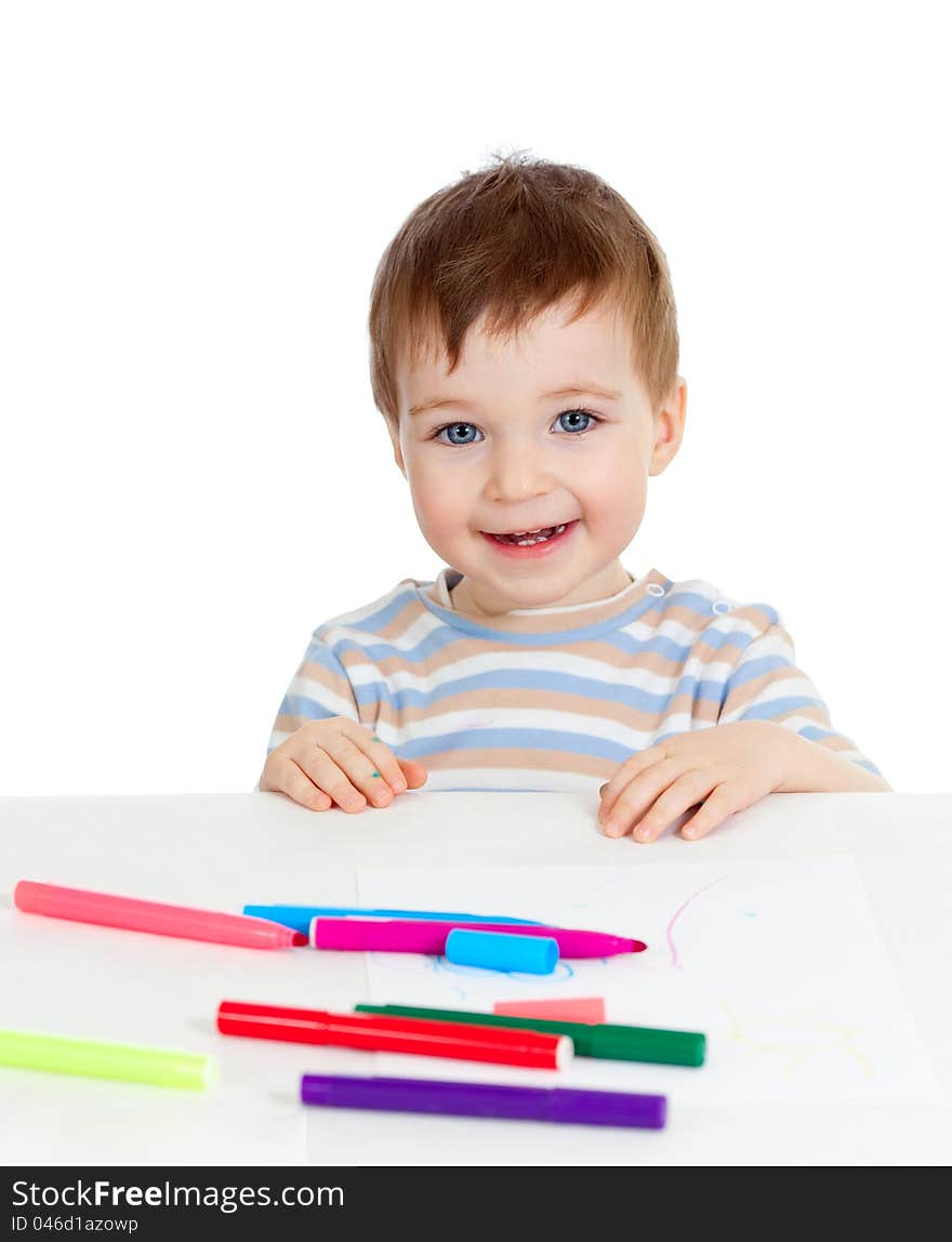 Attractive baby boy with color felt pen. Attractive baby boy with color felt pen