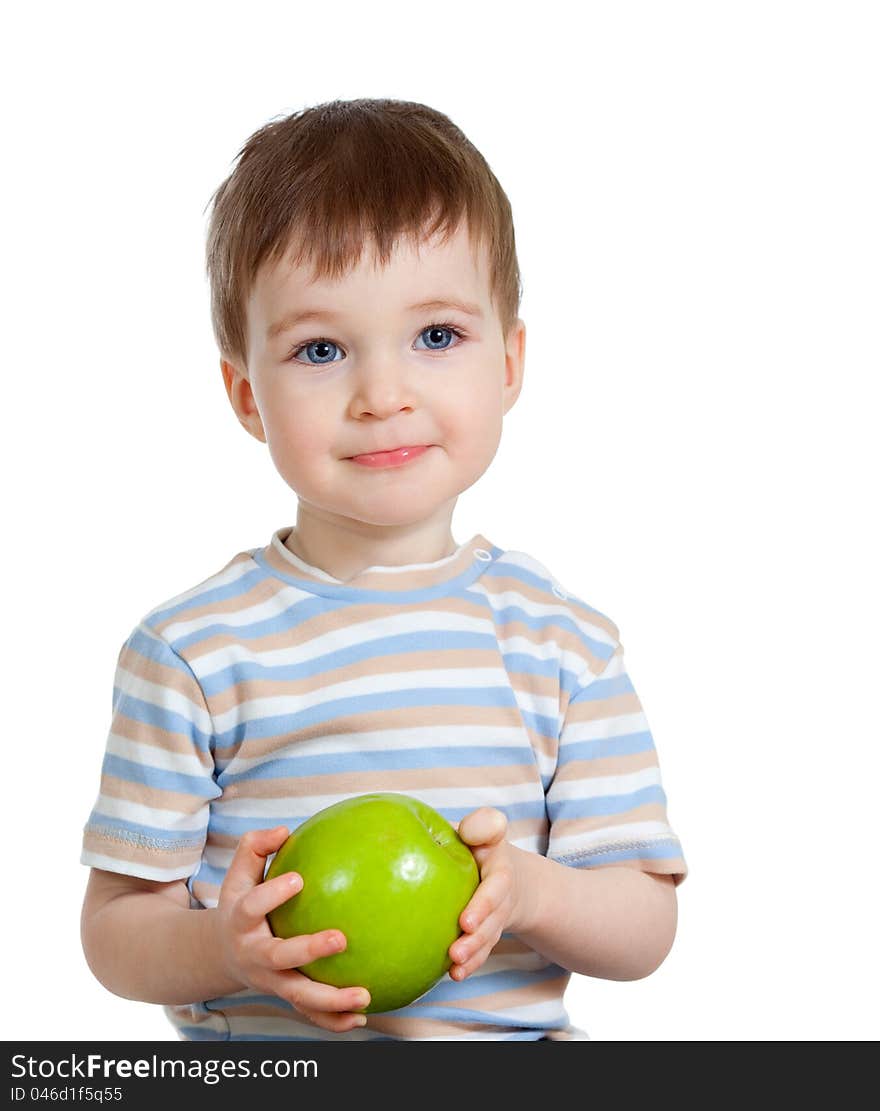 Baby boy holding and eating green apple, isolated on white. Baby boy holding and eating green apple, isolated on white