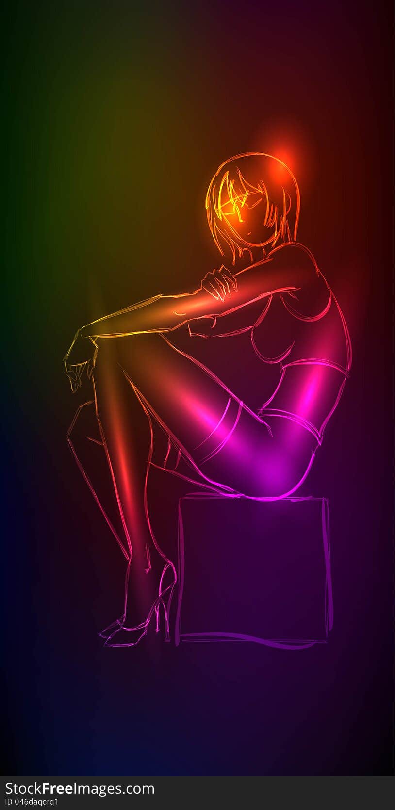 Hand-drawn fashion model from a neon. A light girl's