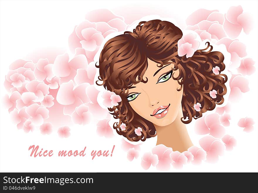 Beautiful Girl on floral background  for congratulation or advertising