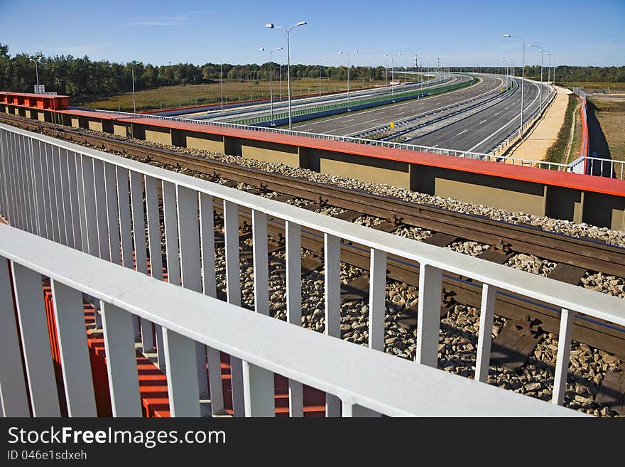 New railway bridge on a highway. New railway bridge on a highway