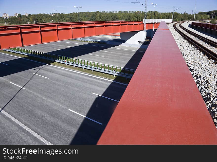 New railway bridge on a highway. New railway bridge on a highway