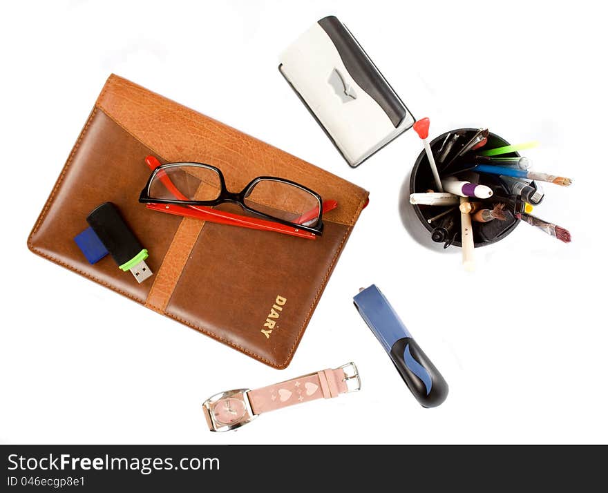 Diary, sunglasses and office accessories isolated on white background. Diary, sunglasses and office accessories isolated on white background