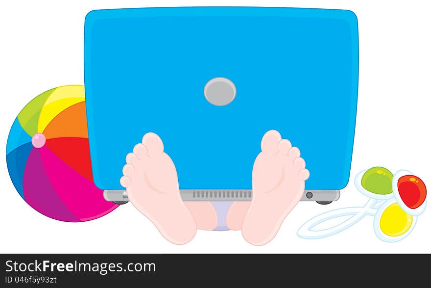 Vector clip-art illustration of a toddler sitting with a colorful ball, rattle and notebook computer on his lap. Vector clip-art illustration of a toddler sitting with a colorful ball, rattle and notebook computer on his lap