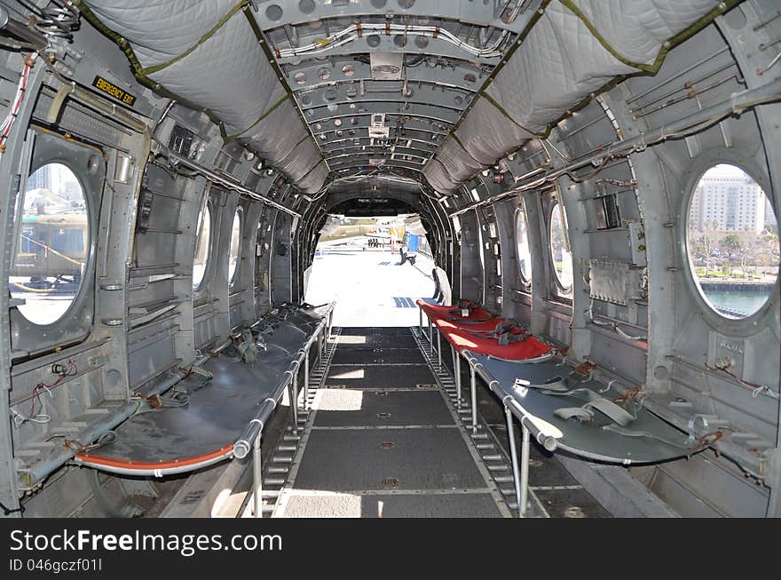 Seats inside of a huge military helicopter. Seats inside of a huge military helicopter