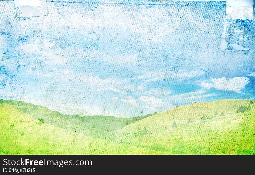 Grunge photo of spring field and blue sky. Grunge photo of spring field and blue sky