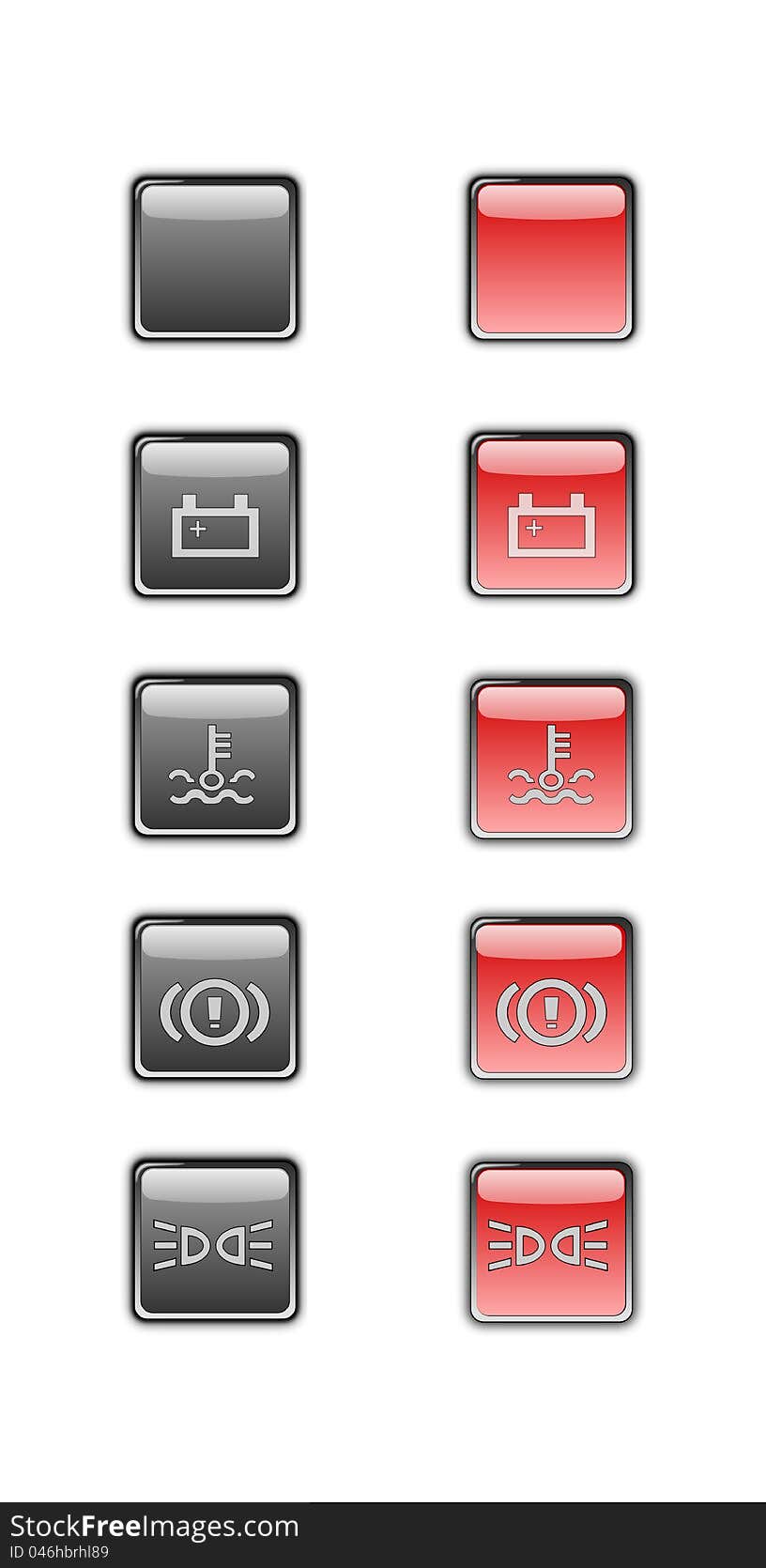 A set of five car symbols of a car dashboard, light on and off. A set of five car symbols of a car dashboard, light on and off.