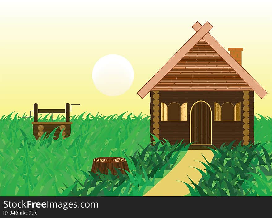 Village house with garden - green grass and well. Village house with garden - green grass and well