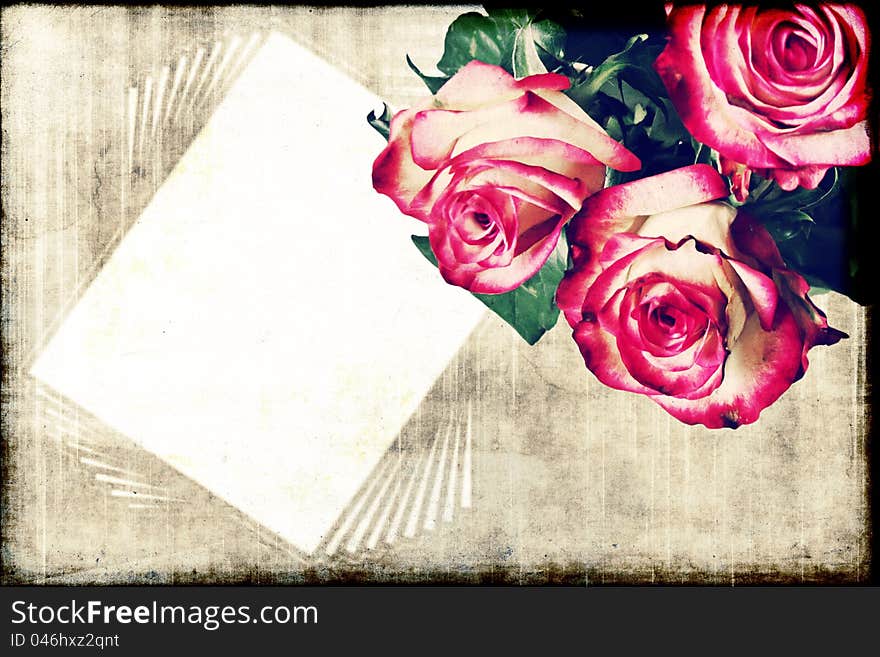 Roses on grunge background. Texture and color processing.