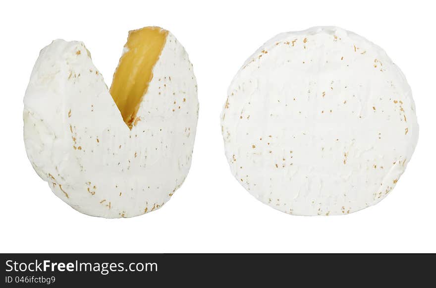 Round soft brie cheese section cut isolated on white background. Round soft brie cheese section cut isolated on white background