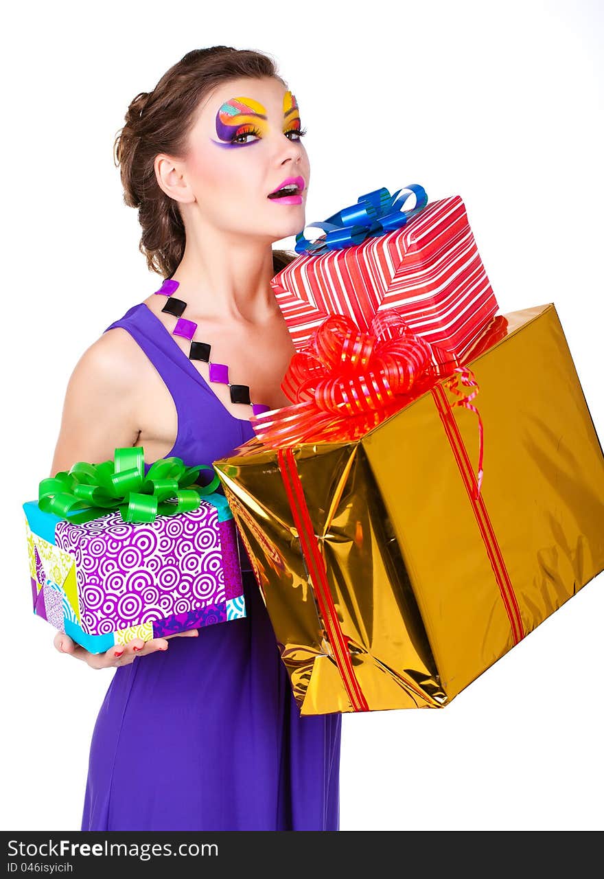 Beautiful Woman With Make Up In Dress With Gifts