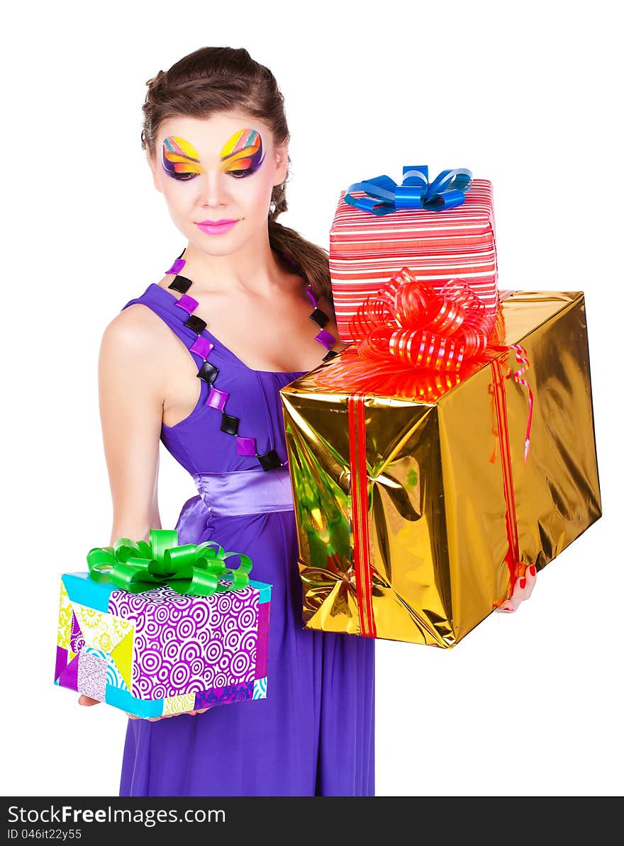 Beautiful Woman With Make Up In Dress With Gifts