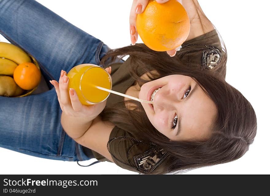 Girl With Orange Juice And Fruit