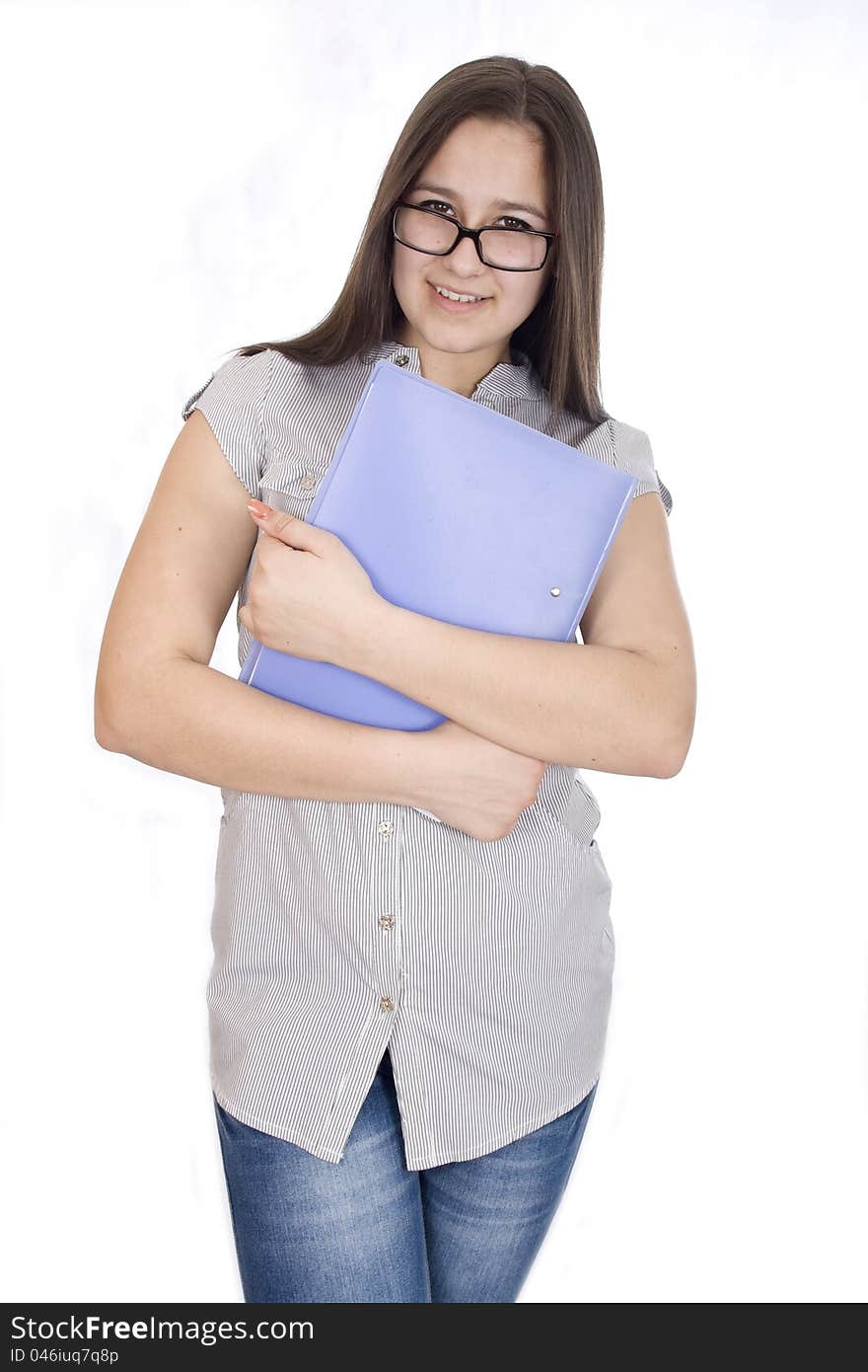 Business woman with folder in hand isolated on white background. Business woman with folder in hand isolated on white background.