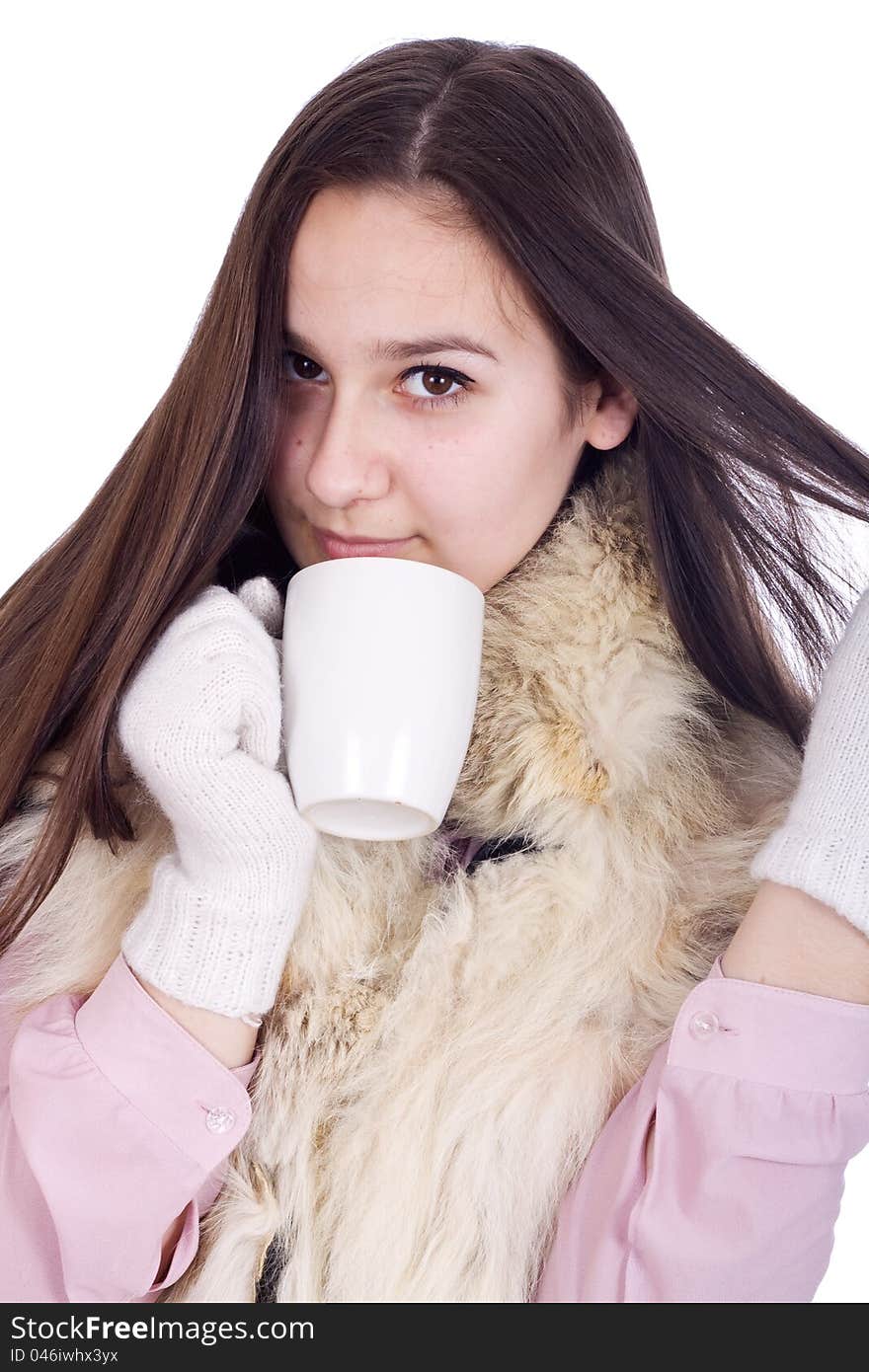 Girl with a cup of hot coffee or tea isolated