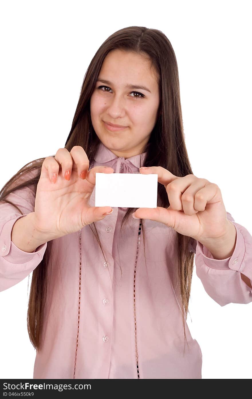 Girl with a piece of paper called an isolated white background. Girl with a piece of paper called an isolated white background