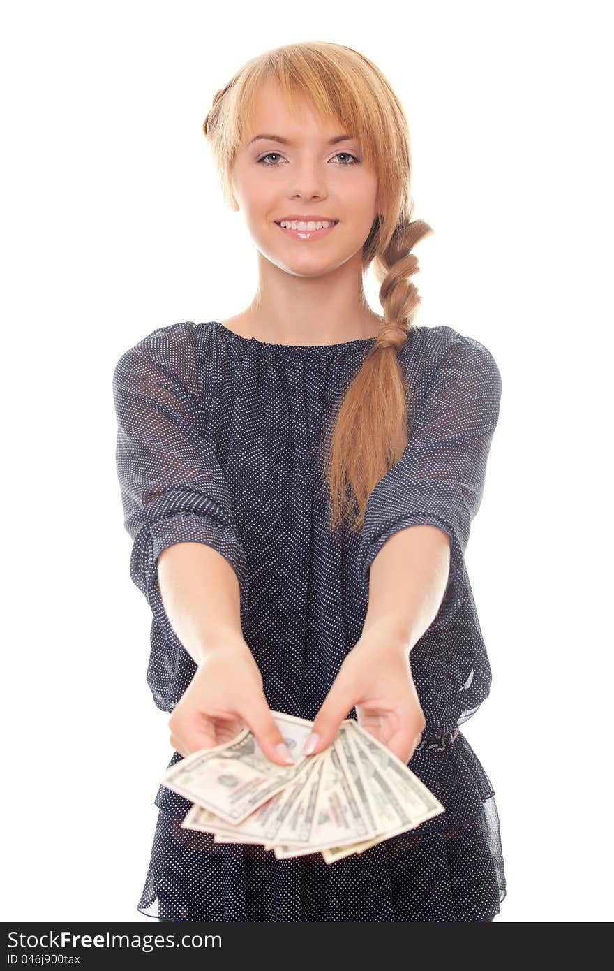 Young woman offers to take the money isolated on white background