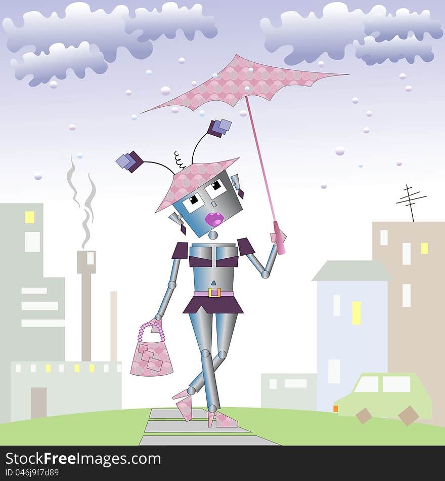 A female robot with umbrella, caricature