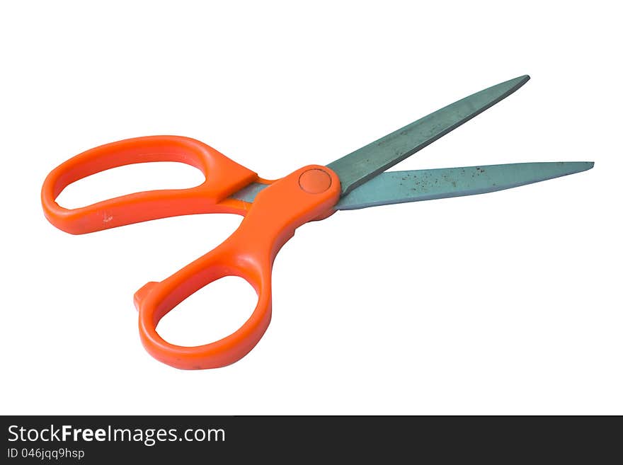 Orange handled scissors on a white background. Orange handled scissors on a white background