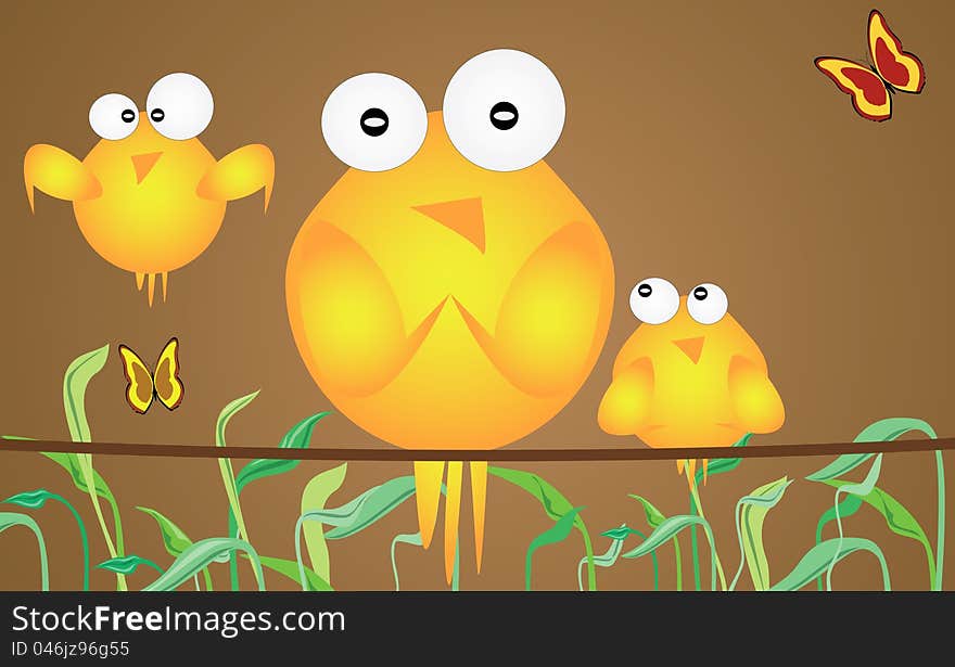 Three birds in spring theme- illustration. Three birds in spring theme- illustration.