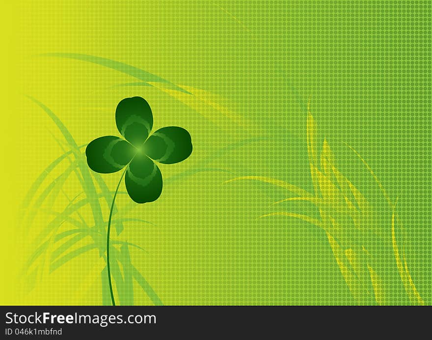 Illustration of a green four leaves clover on a green dotted background