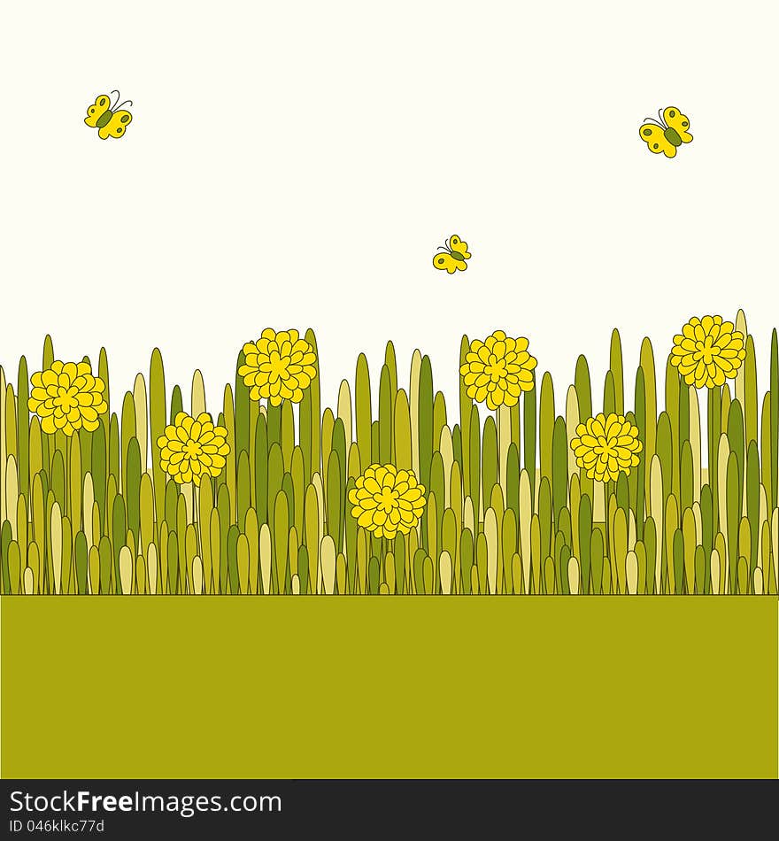 Vector background with yellow flowers and butterflies. Vector background with yellow flowers and butterflies