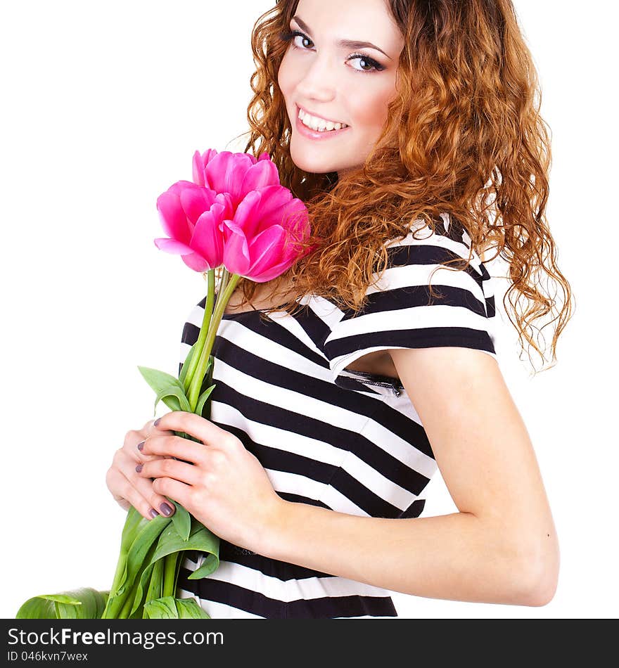 Beautiful woman with flowers and bags