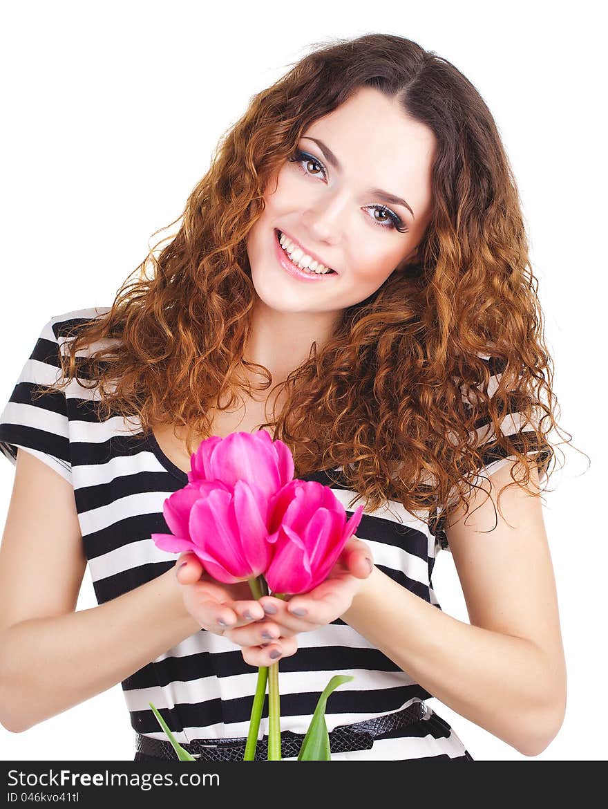 Beautiful woman with flowers and bags long fibers