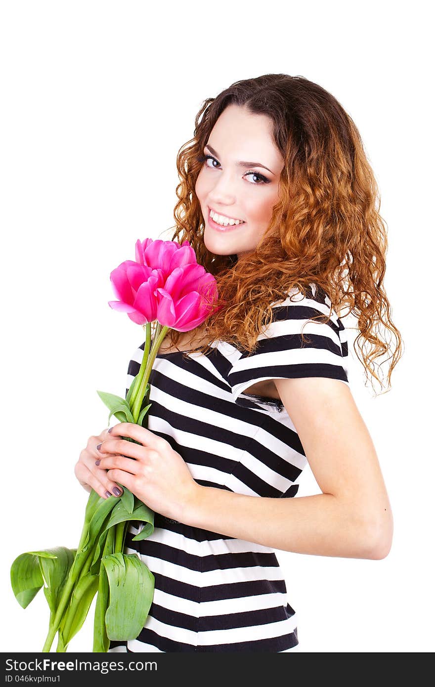 Beautiful Woman With Flowers And Bags