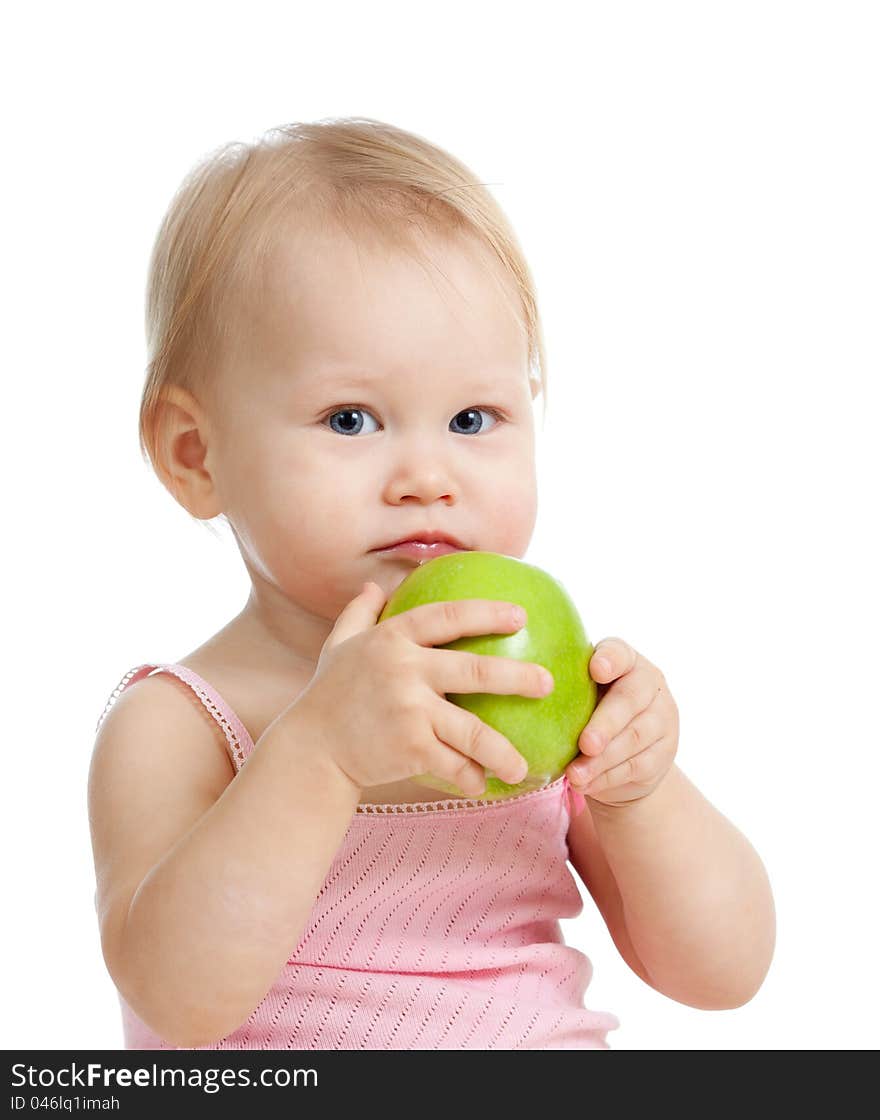 Baby girl holding green apple isolated on white background. Baby girl holding green apple isolated on white background