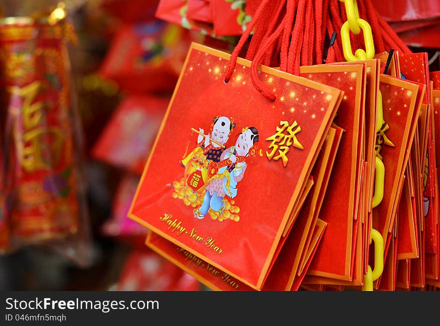 Chinese new year gift bags in the market. Chinese new year gift bags in the market