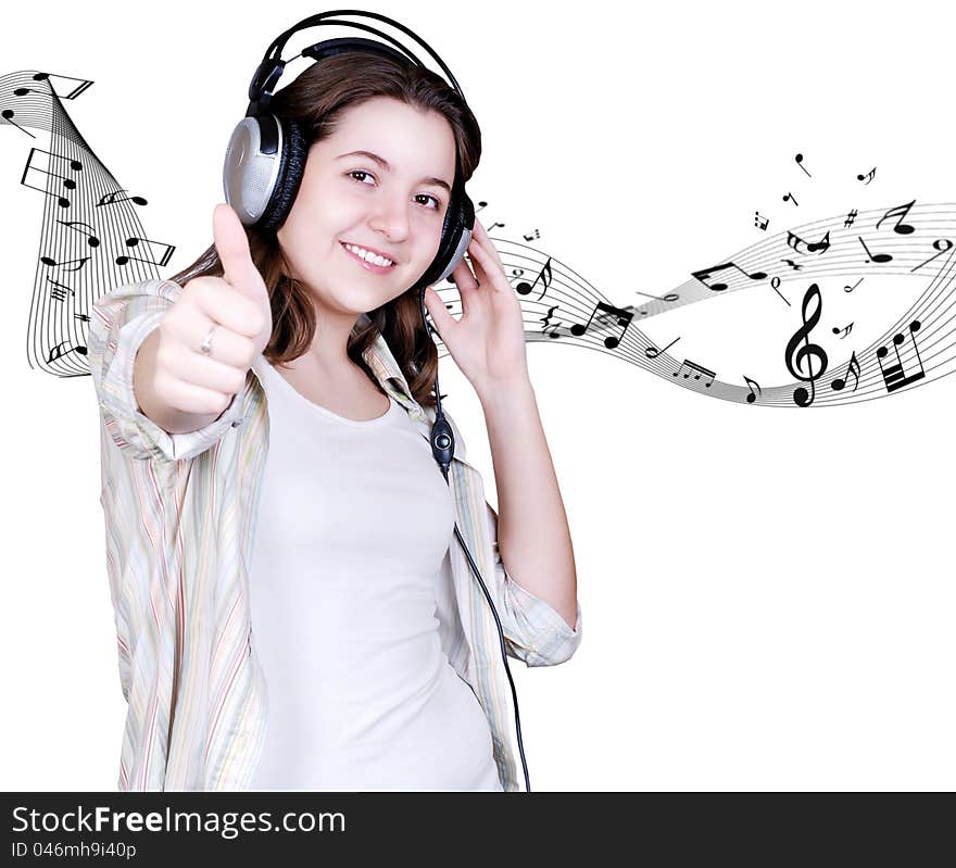 Happy Teenage girl in headphones on white background with music signs