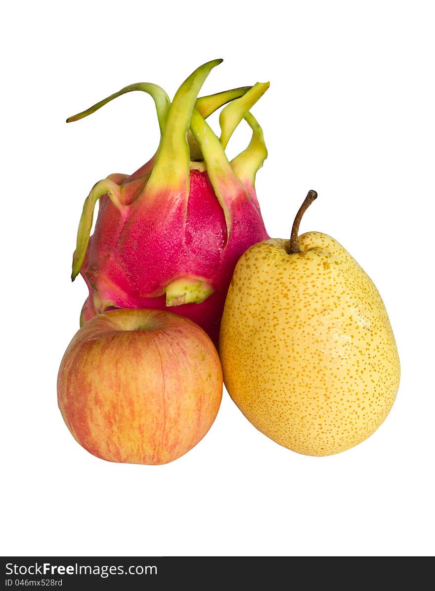 Dragonfruit,apple and pear isolated on white. Dragonfruit,apple and pear isolated on white