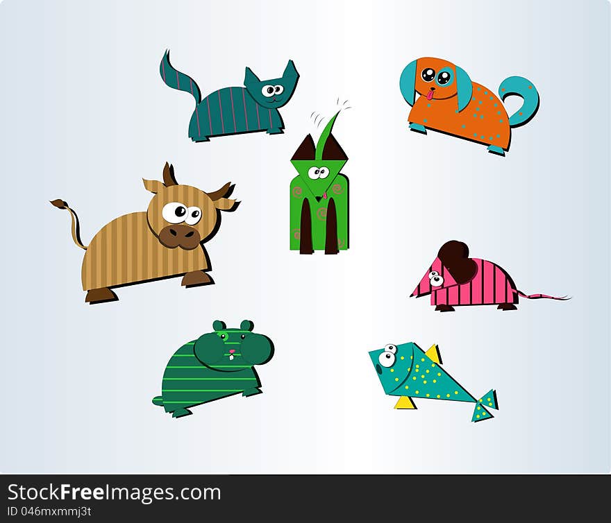 Collection of seven cute farm and pet animals vector illustration