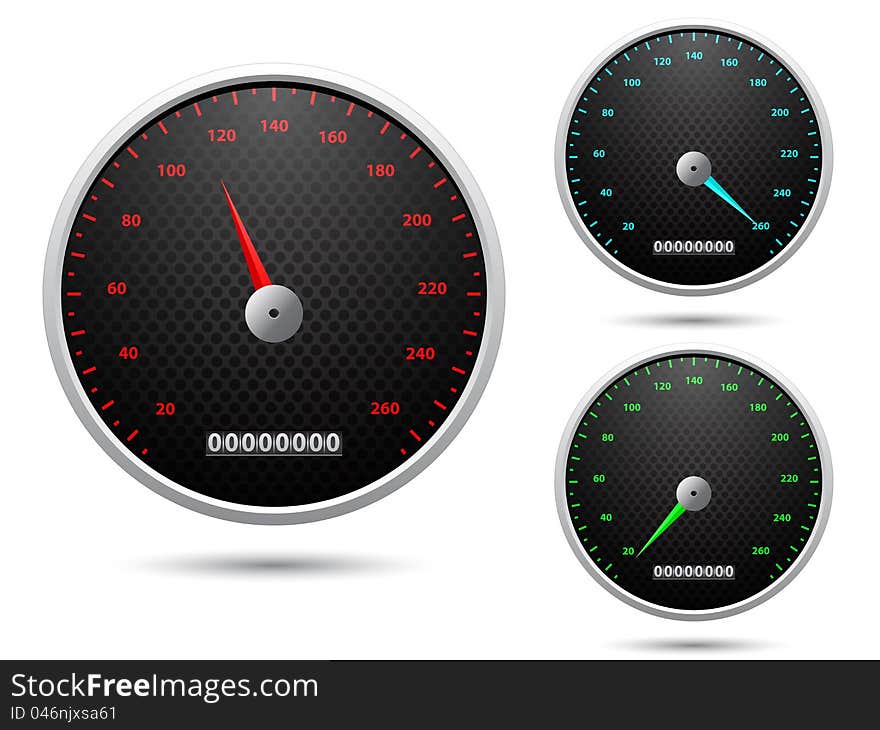 Set of speedometers in various colors on white